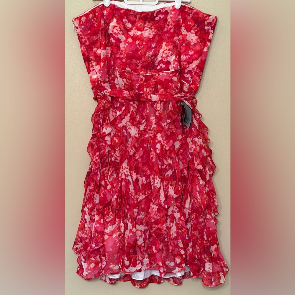 Ruffled Red & White Floral Strapless Dress